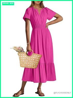 Short Sleeve V-Neck Maxi Dress with Waist Tie Flowy Tiered Boho A-Line